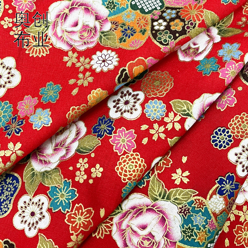 Gold-embossed printed Chinese and ethnic style rose flower cheongsam and Hanfu fabric, ancient-style bags, headwear and hair accessories DIY fabric Specification image