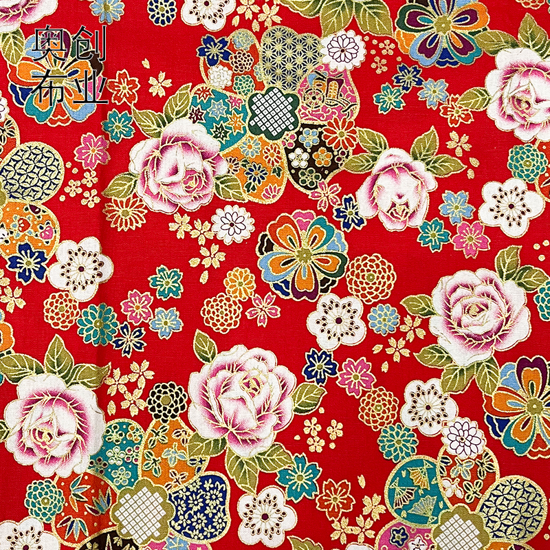 Gold-embossed printed Chinese and ethnic style rose flower cheongsam and Hanfu fabric, ancient-style bags, headwear and hair accessories DIY fabric
