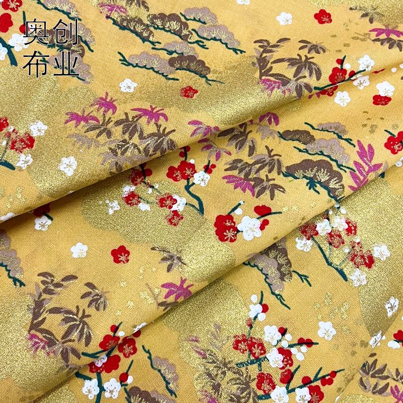 Gold-embossed printed fabric, traditional Chinese plum blossom cheongsam and Hanfu fabric, ancient-style bags, diy hair accessories, dessert packaging fabric Specification image