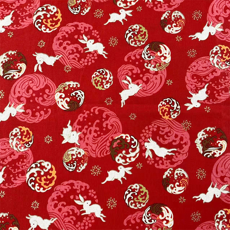 Chinese-style Jade rabbit pure cotton gold-embossed printed fabric, ancient-style Hanfu cheongsam fabric, hair accessories, bags, ornaments, sachets Item Picture