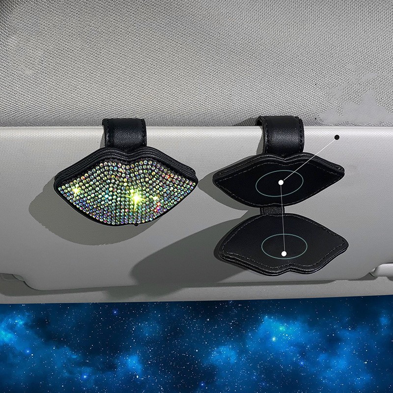 New car multi-functional genuine cowhide diamond-encrusted spectacle clip, creative car spectacle clip, ticket clip, multi-functional diamond-encrusted clip QW325 Application Scenario
