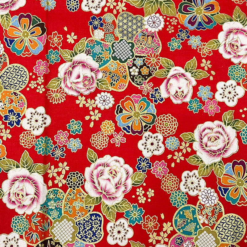 Gold-embossed printed Chinese and ethnic style rose flower cheongsam and Hanfu fabric, ancient-style bags, headwear and hair accessories DIY fabric Item Picture