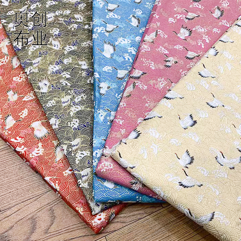 Japanese-style gilded printed fabric with crane and cloud patterns, all-cotton fabric, cheongsam, Hanfu, Japanese-style bags, sachets and sachets details Picture