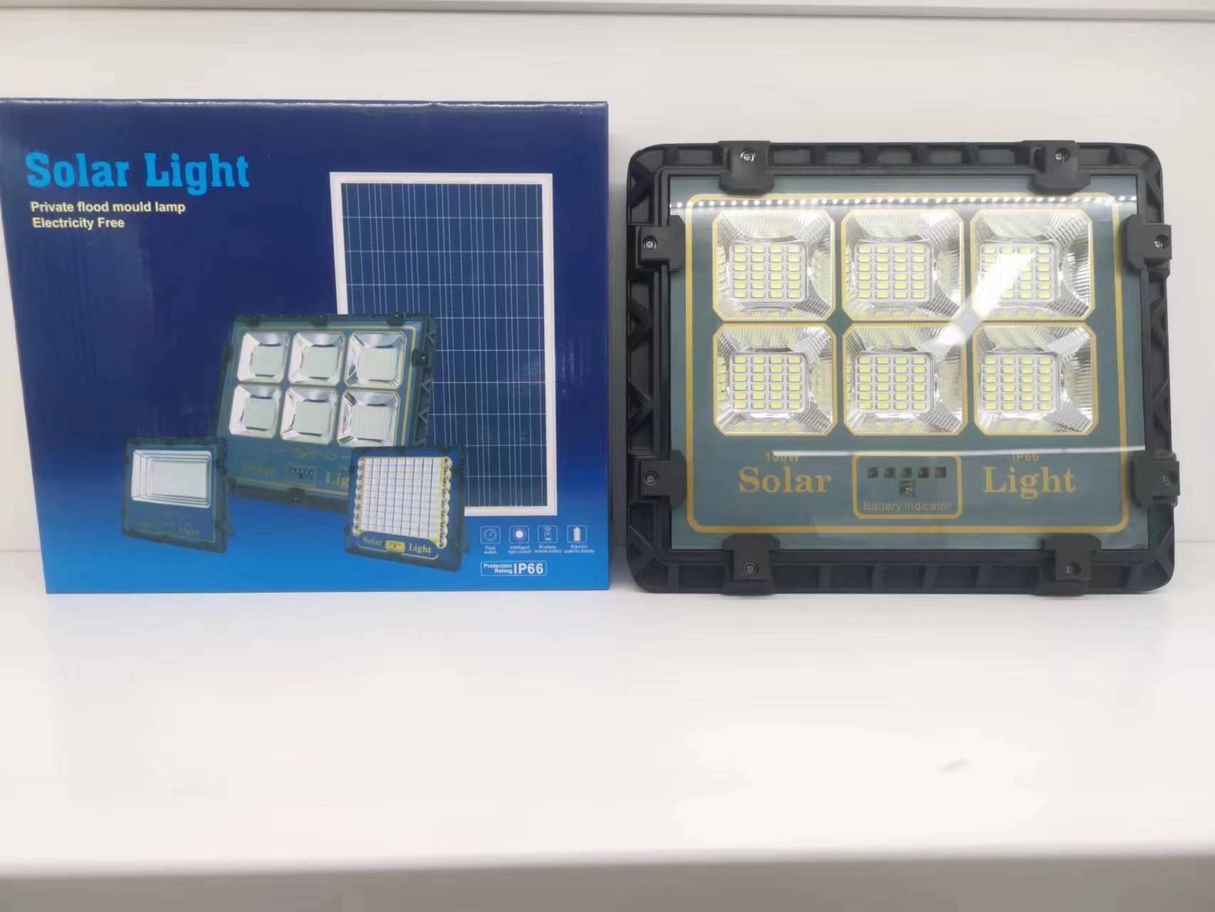 Starlight solar floodlight, die-cast aluminum, power display, light control, remote control, split surface mount lamp beads, three-in-one, can provide continuous lighting for 12-14 hours, 100W ultra-bright color box packaging, export bestseller, factory direct sales price details Picture