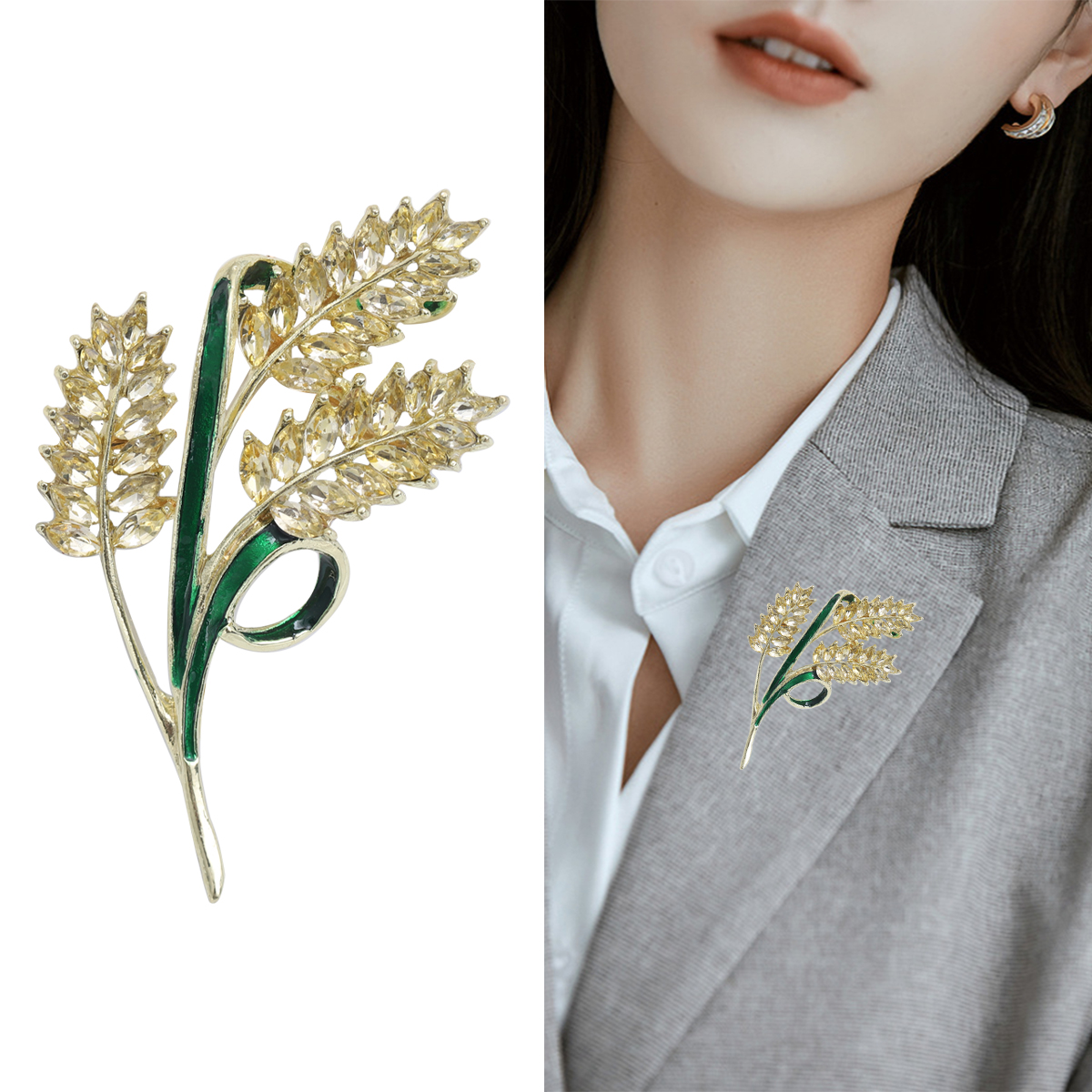 Factory direct sales, creative and light luxury new best-selling retro water diamond wheat ear stainless steel brooch, anti-glare, light luxury creative retro brooch, simple and fashionable accessory pin