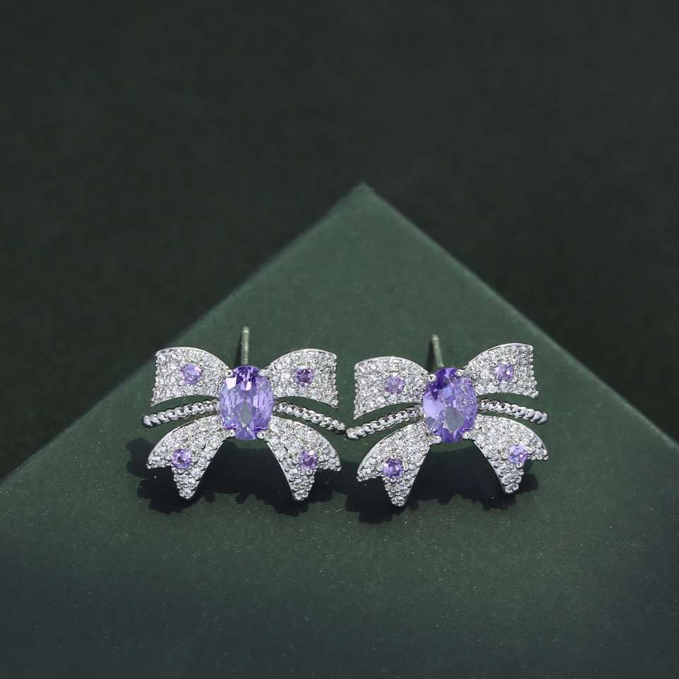 Sweet and elegant stud earrings for women, three-dimensional micro-inlaid zircon girlish bow earrings, high-end and niche design earrings detail image 3