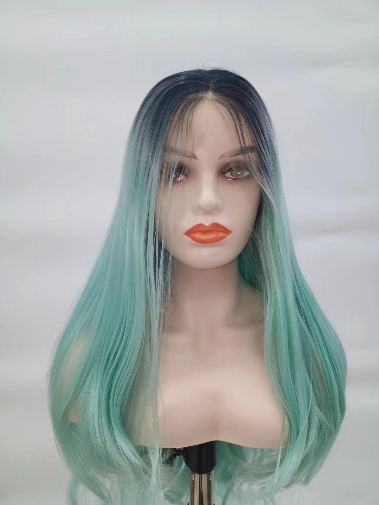 Cross-border European and American wig for women's summer, creative and fashionable gradient long straight hair, mid-parted high-temperature silk synthetic fiber front lace wig