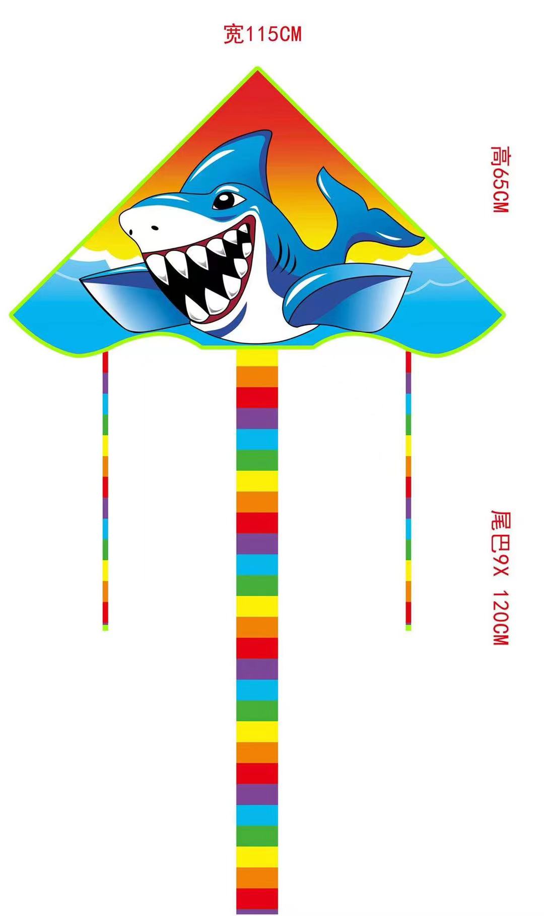 Heat transfer printed sequined megalodon kites are bright in color, easy to fly and sell well. Factory wholesale Application Scenario
