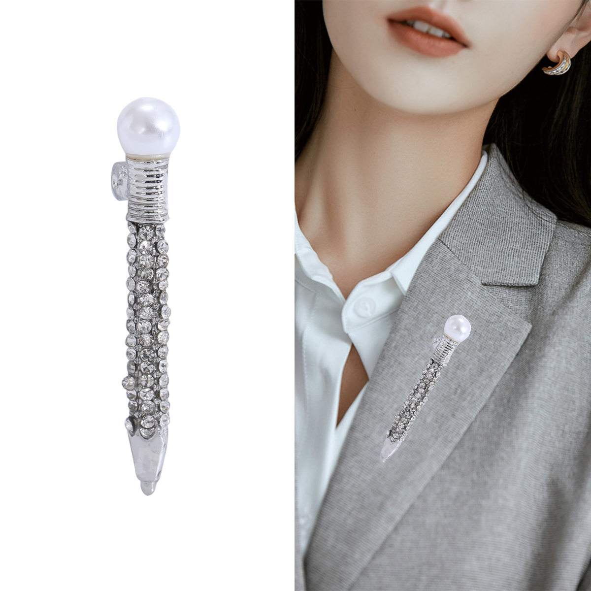 Factory direct sales, creative and light luxury new best-selling retro water diamond pen, stainless steel brooch, anti-glare, light luxury creative retro brooch, simple and fashionable accessory pin