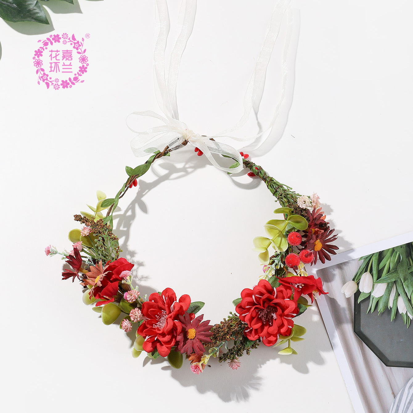 拍照花环/旅游景点花环/仿真花头饰白底实物图