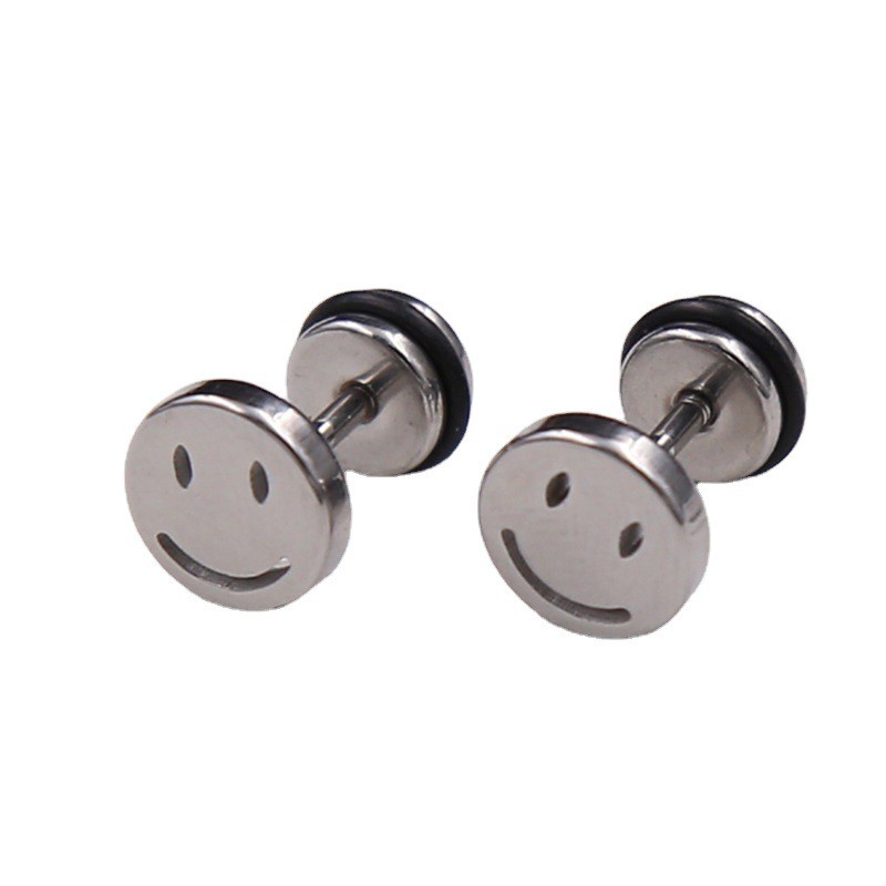 Changsheng Jewelry stainless steel barbell cute and sweet hollowed-out smiling face stud earrings Item Picture