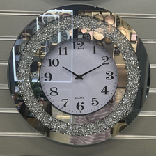 创意圆形数字镜面挂钟碎钻挂钟工艺玻璃墙贴钟客厅静音钟批发亚马逊欧式爆款时尚家用时钟包绒布木质客厅挂钟钟表