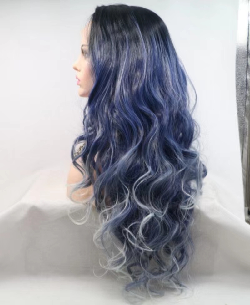360 lace wigs vendor azul negro degradado pelo largo pelo rizado europeo y americano frontal encaje fibra química peluca cabeza Application Scenario