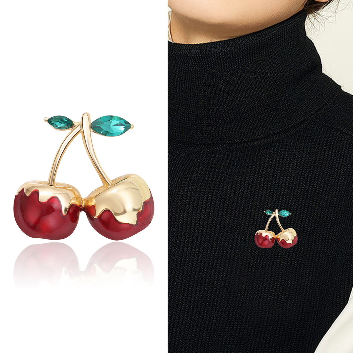 Factory direct sales, creative and light luxury new best-selling retro water diamond cherry stainless steel brooch, anti-glare brooch, light luxury creative retro brooch, simple and fashionable accessory pin