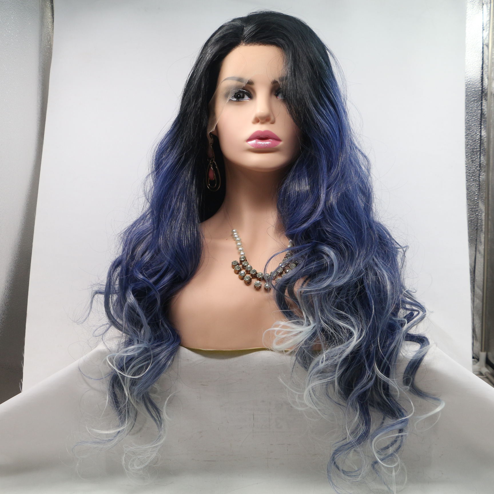 360 lace wigs vendor azul negro degradado pelo largo pelo rizado europeo y americano frontal encaje fibra química peluca cabeza
