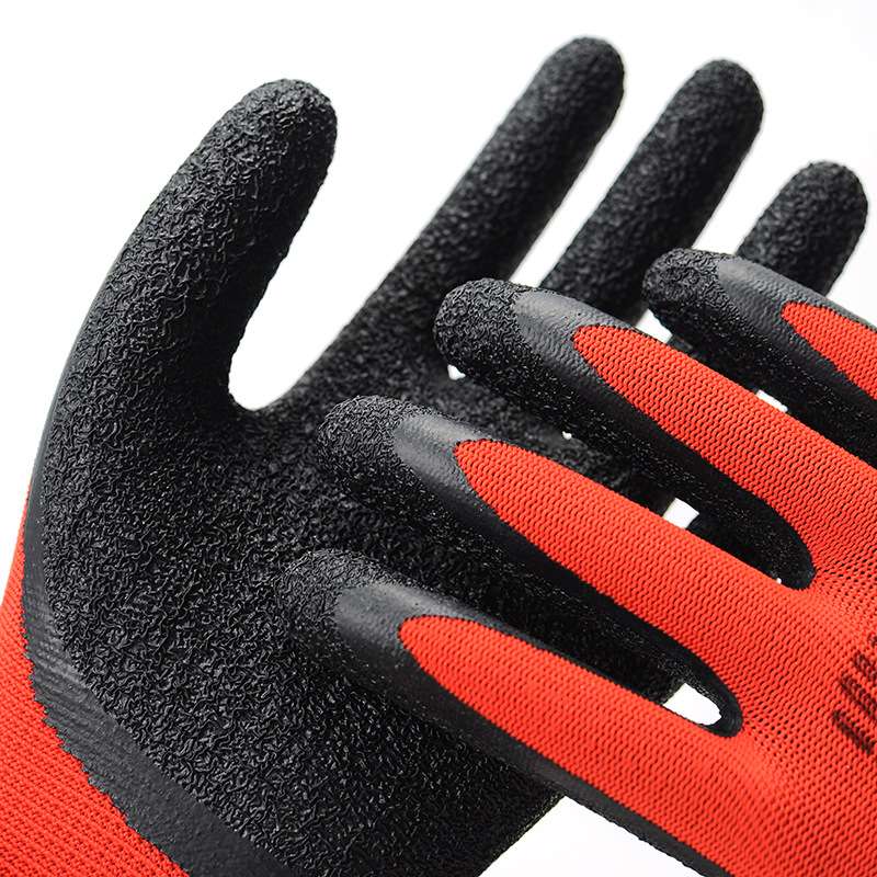 十三针尼龙起皱劳保手套红色纱线黑色乳胶防滑耐磨防护手套图