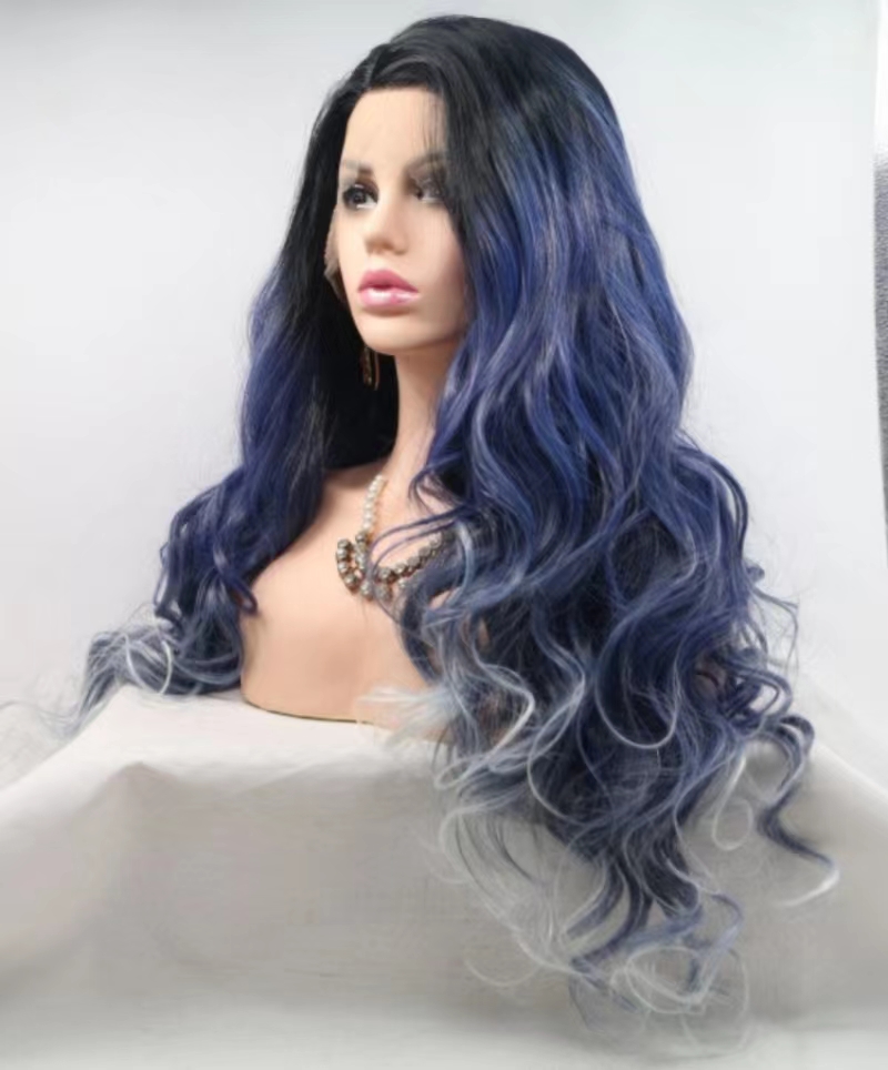 360 lace wigs vendor azul negro degradado pelo largo pelo rizado europeo y americano frontal encaje fibra química peluca cabeza Item Picture