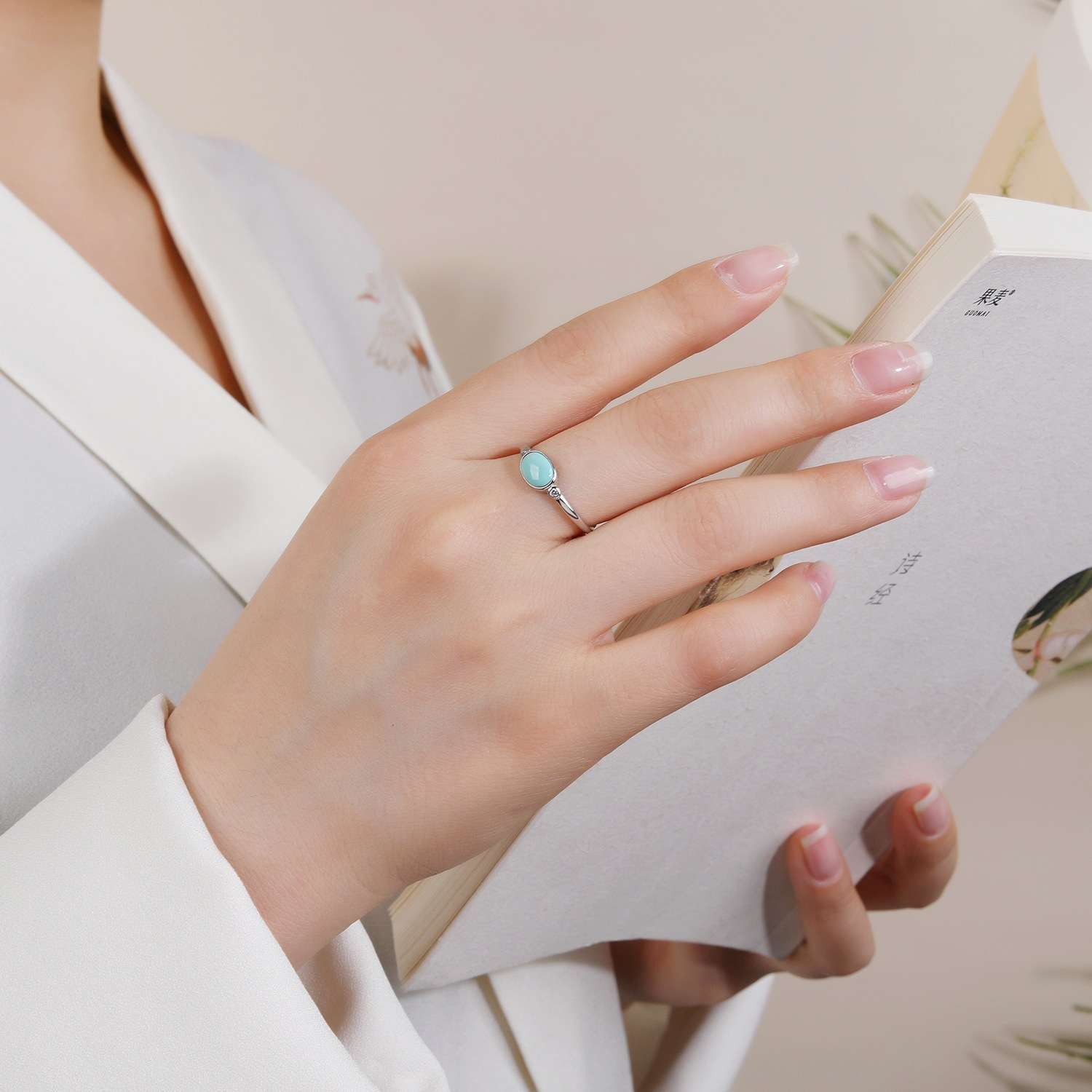 天然绿松石戒指批发S925纯银镶天然绿松戒指指环简约风女戒指时尚 详情图4