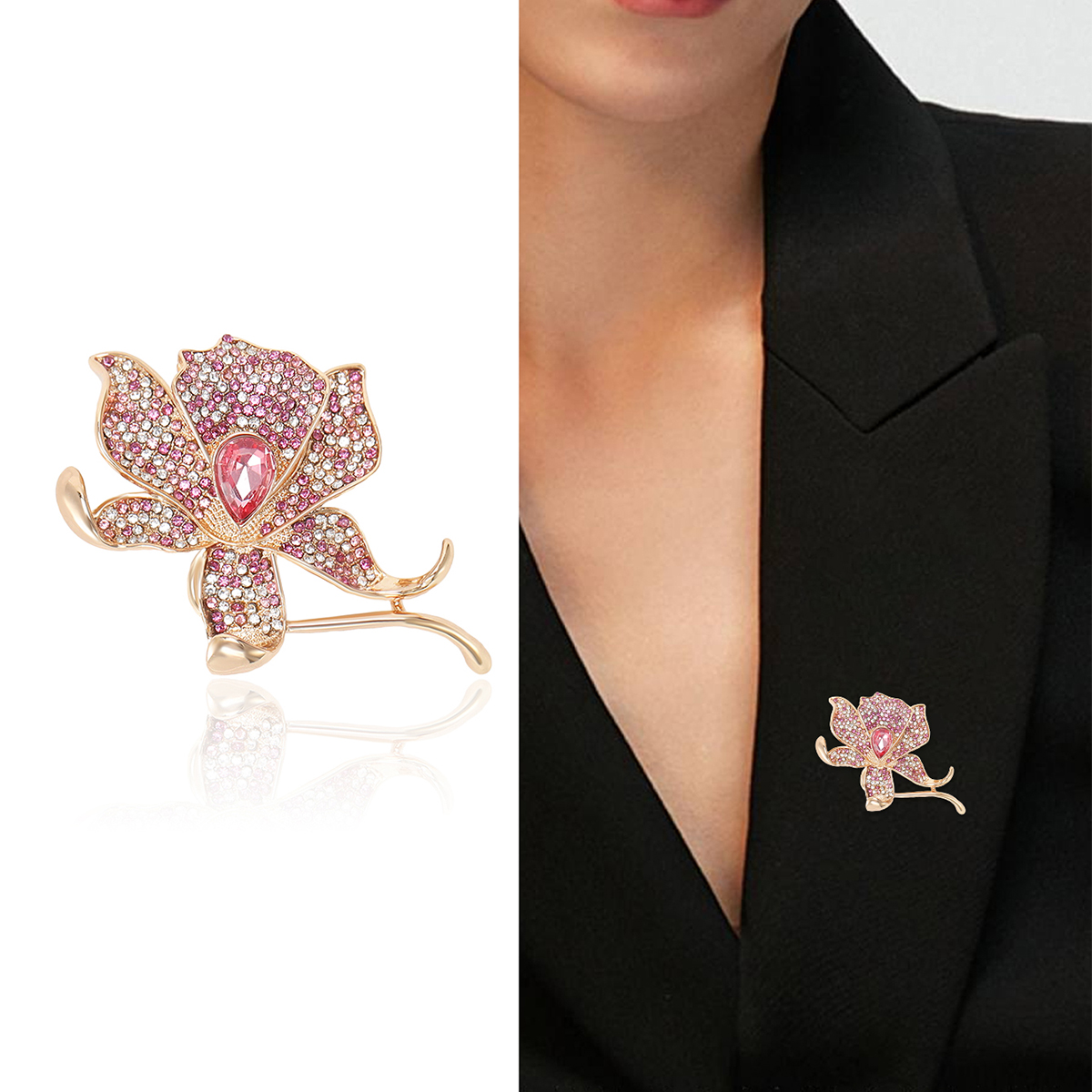 Factory direct sales, creative and light luxury new best-selling retro water diamond lotus stainless steel brooch, anti-glare, light luxury creative retro brooch, simple and fashionable accessory pin