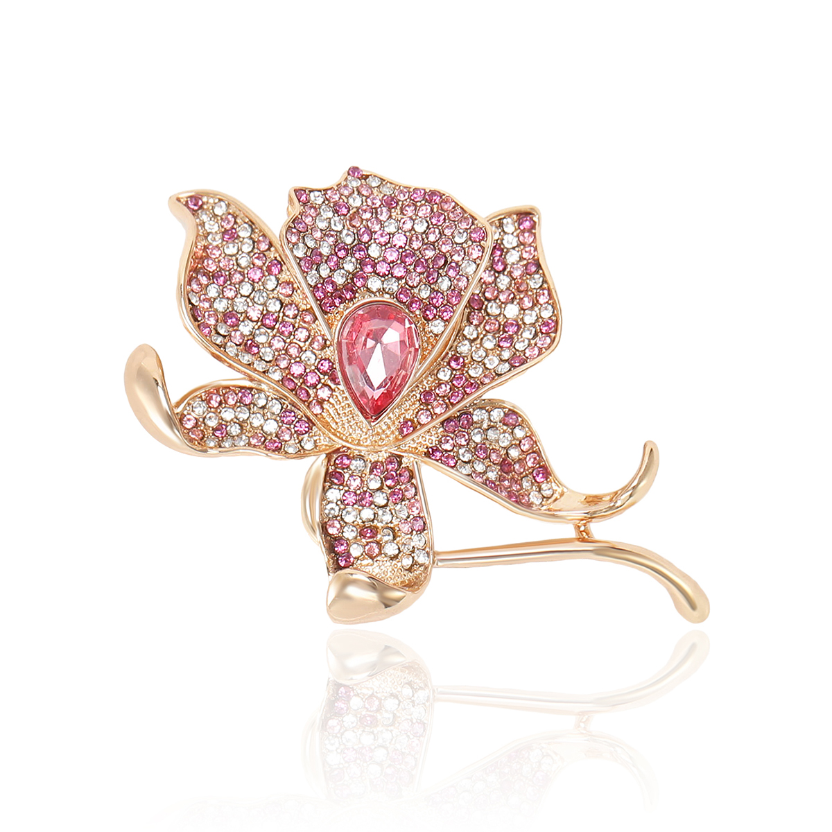Factory direct sales, creative and light luxury new best-selling retro water diamond lotus stainless steel brooch, anti-glare, light luxury creative retro brooch, simple and fashionable accessory pin Item Picture
