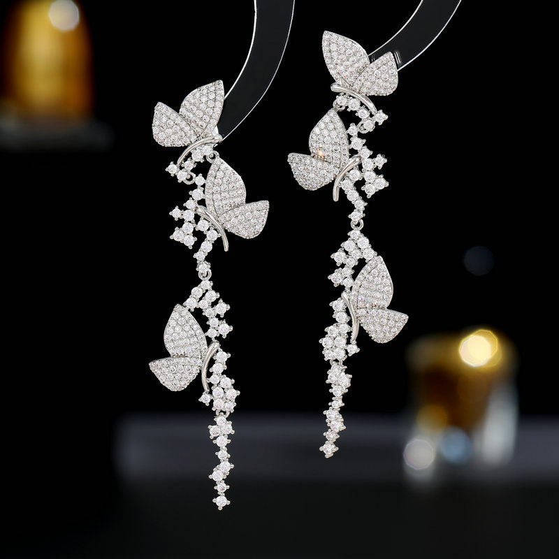 Light luxury and high-end style, colorful zircon inlaid heavy metal earrings, design sense, long tassel butterfly earrings flying all over the sky detail image 3