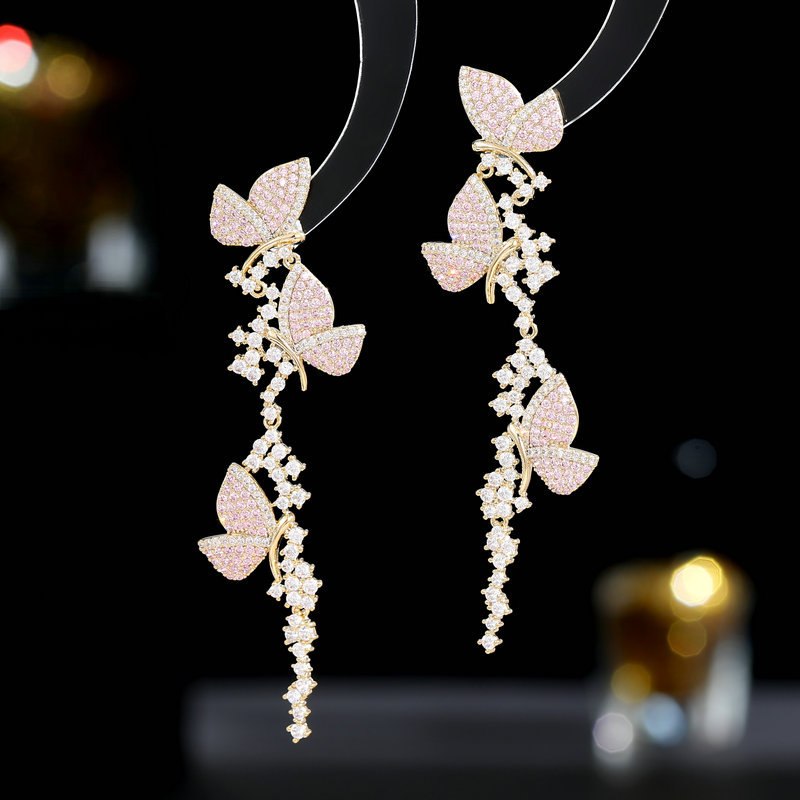 Light luxury and high-end style, colorful zircon inlaid heavy metal earrings, design sense, long tassel butterfly earrings flying all over the sky detail image 2
