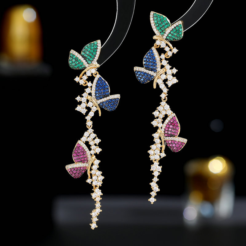Light luxury and high-end style, colorful zircon inlaid heavy metal earrings, design sense, long tassel butterfly earrings flying all over the sky Item Picture