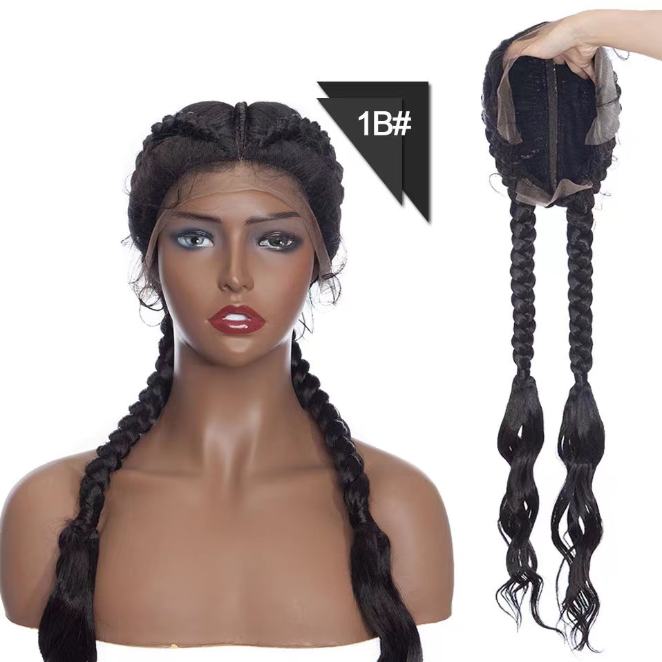 New cross-border trade woven chemical fiber front lace wig with high-temperature silk and two large braids hair wigs details Picture