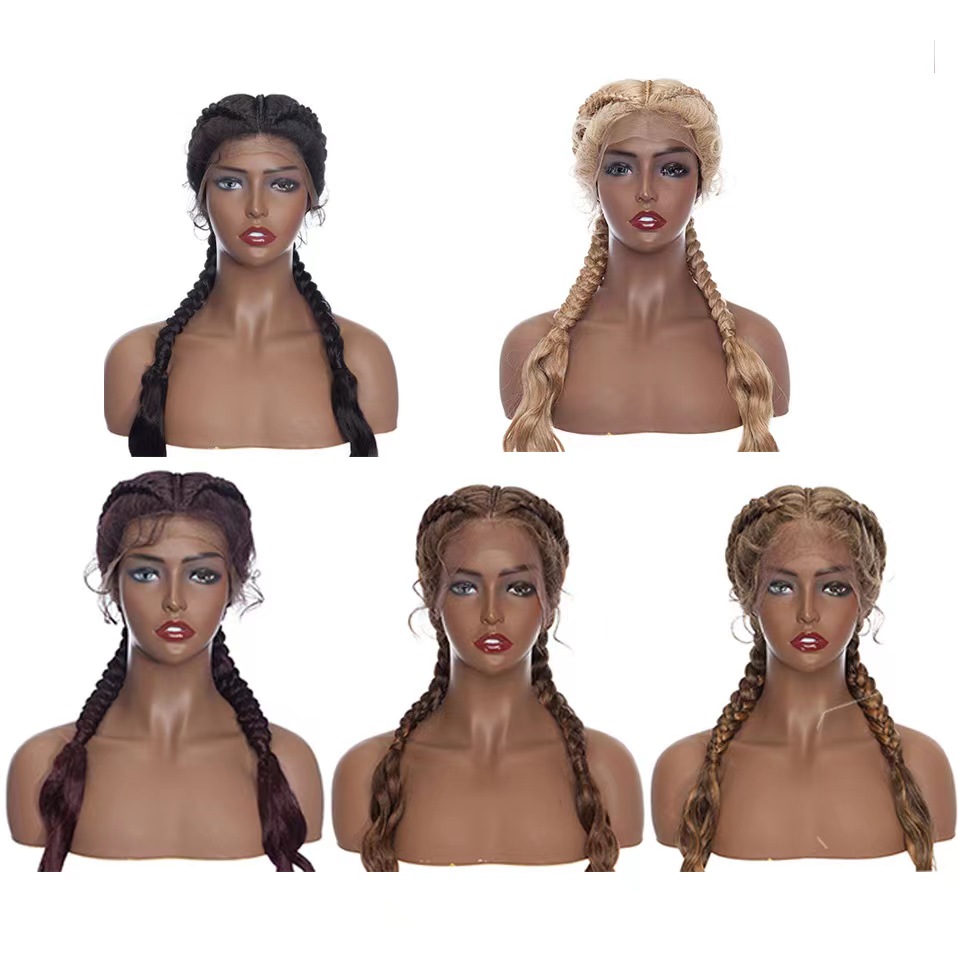 New cross-border trade woven chemical fiber front lace wig with high-temperature silk and two large braids hair wigs