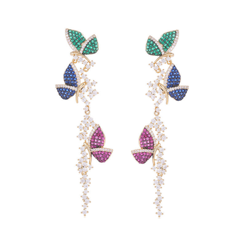 Light luxury and high-end style, colorful zircon inlaid heavy metal earrings, design sense, long tassel butterfly earrings flying all over the sky detail image 4