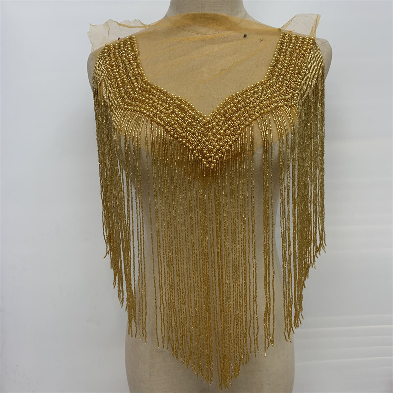 Gold hand-stitched beaded tassel mesh applique for wedding gowns, evening gowns and dance costumes