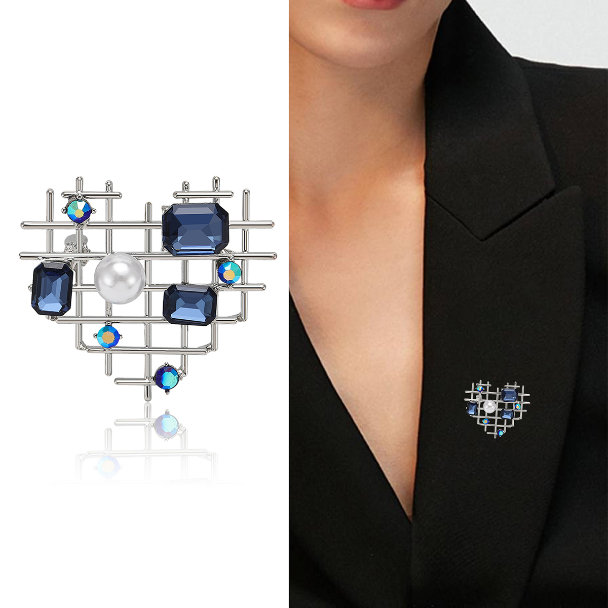 Factory direct sales, creative and light luxury new best-selling retro water diamond glass heart-shaped butterfly stainless steel brooch, anti-glare, light luxury creative retro brooch, simple and fashionable accessory pin