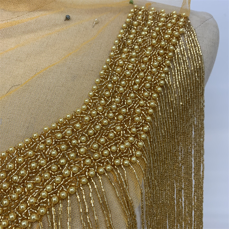 Gold hand-stitched beaded tassel mesh applique for wedding gowns, evening gowns and dance costumes Specification image