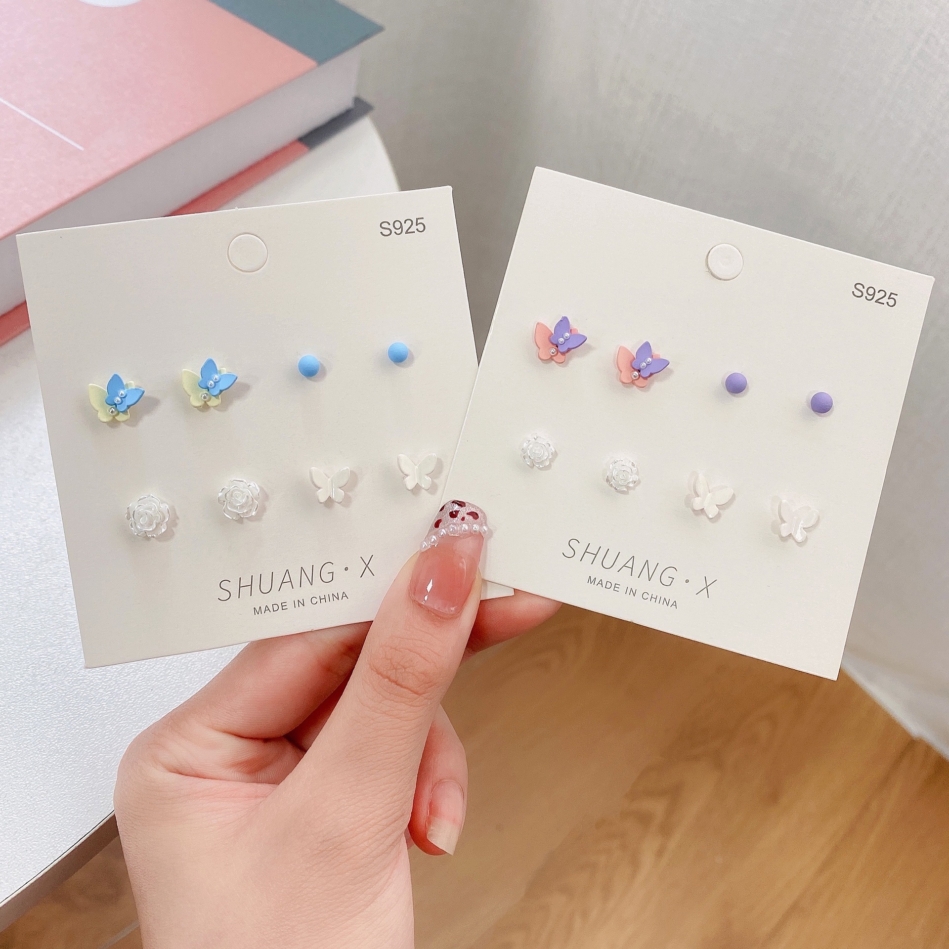 小清新立体蝴蝶春夏耳钉四件套 少女925银针百搭珍珠花朵新潮耳环