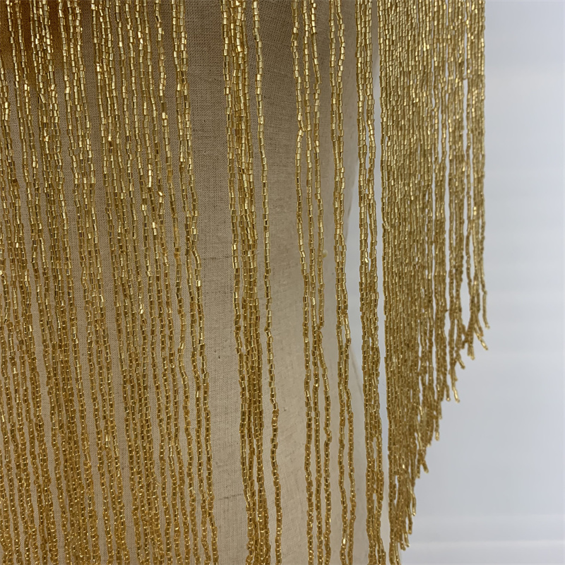 Gold hand-stitched beaded tassel mesh applique for wedding gowns, evening gowns and dance costumes details Picture