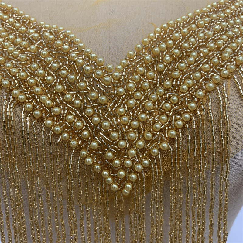 Gold hand-stitched beaded tassel mesh applique for wedding gowns, evening gowns and dance costumes Application Scenario