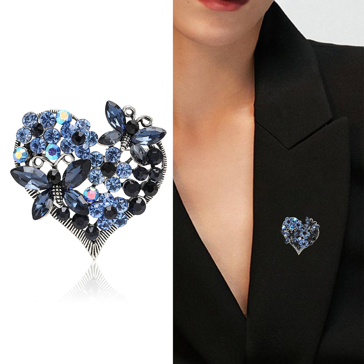 Factory direct sales, creative and light luxury new best-selling retro water diamond heart-shaped butterfly stainless steel brooch, anti-glare brooch, light luxury creative retro brooch, simple and fashionable accessory pin