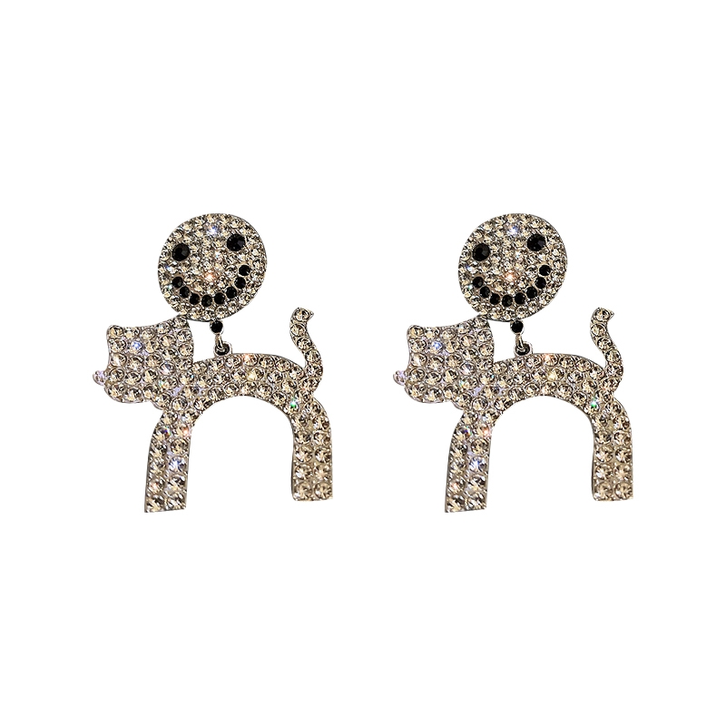 925银针镶钻笑脸小狗耳环欧美满钻夸张个性耳钉设计感长款耳饰女详情图1