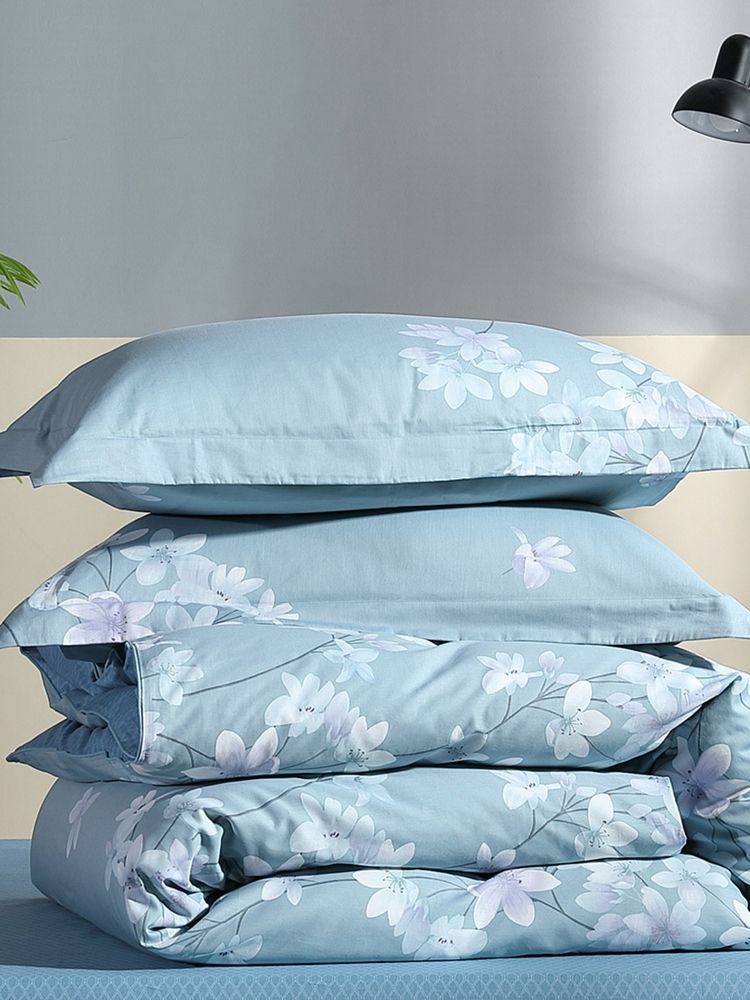 家纺全棉纯棉印花四件套床上用品蓝色被套被罩床单花舞幽然详情1