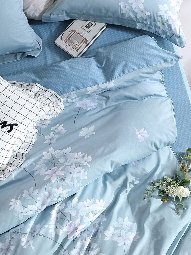 家纺全棉纯棉印花四件套床上用品蓝色被套被罩床单花舞幽然详情4