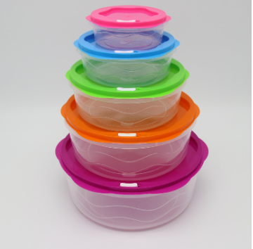 圆形彩虹塑料密封保鲜盒五件套 花朵波浪边带排气孔便当盒午餐盒