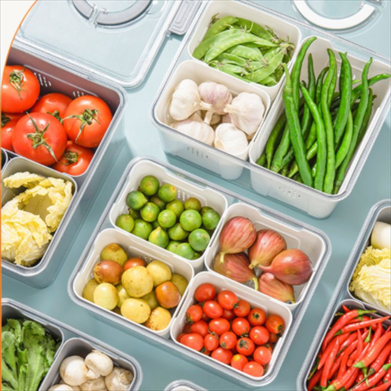 冰箱PET多格子收纳盒手提分隔沥水盒食品级食物蔬菜保鲜盒冰箱冷冻分隔分类保鲜盒