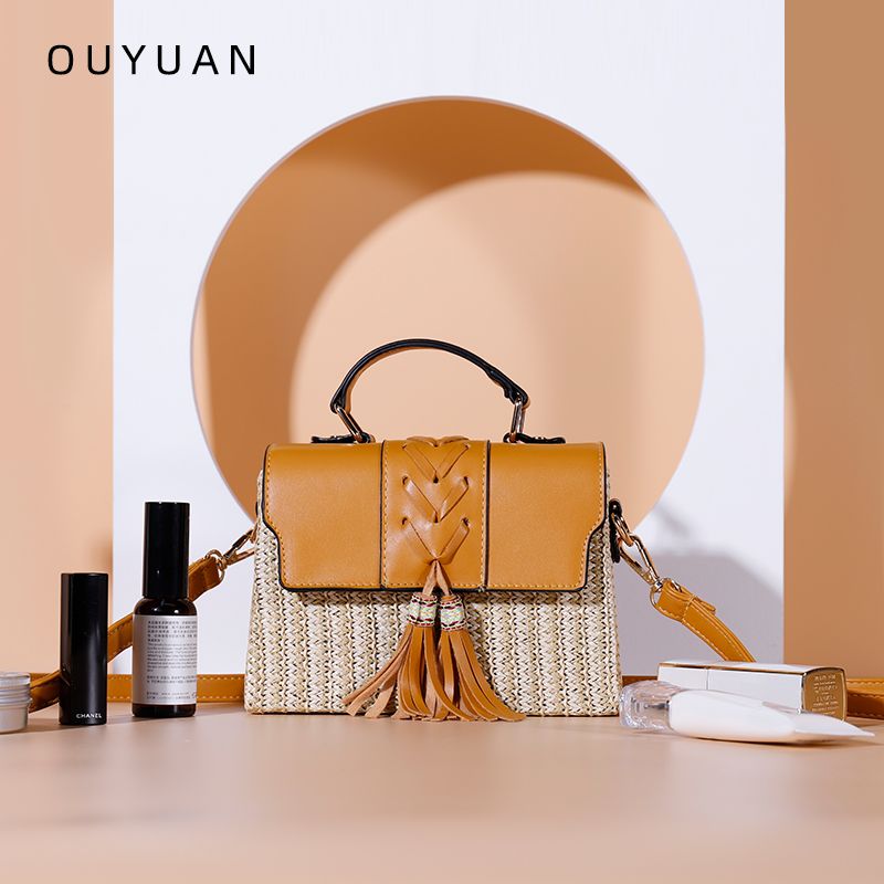 流苏编织女士斜跨包/春夏新款/PP草编盒子包细节图