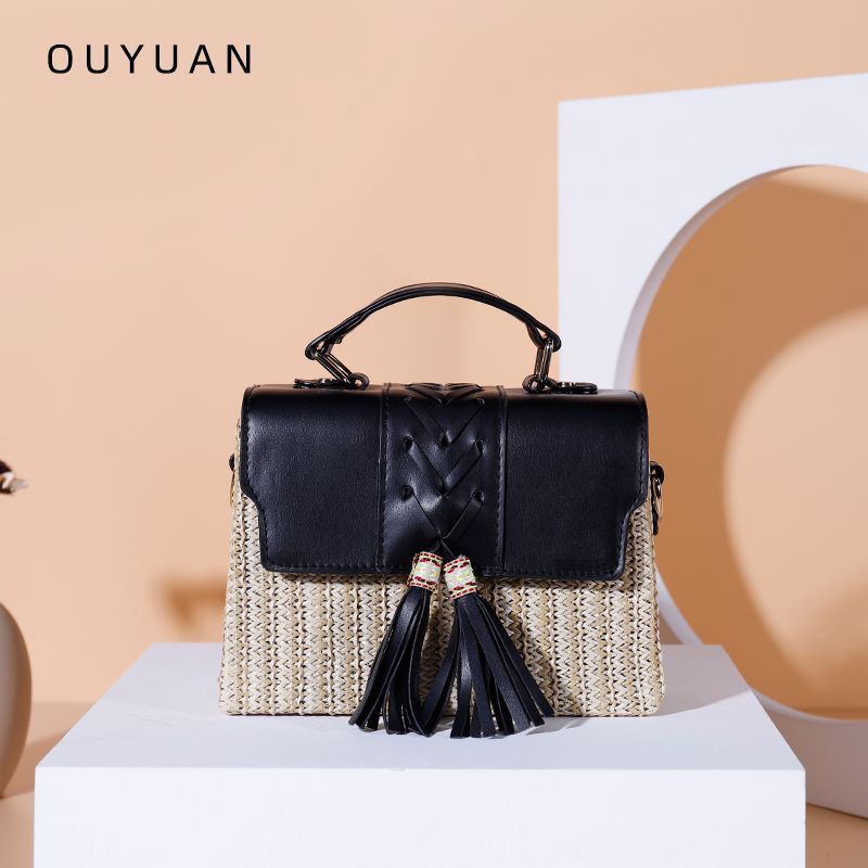 INS流苏编织女士斜跨包春夏新款PP草编盒子包女单肩包手提小方包