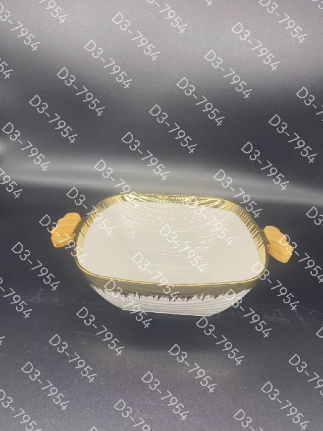 方圆陶瓷镀金烤盘烤碗配铁架餐具FY876766