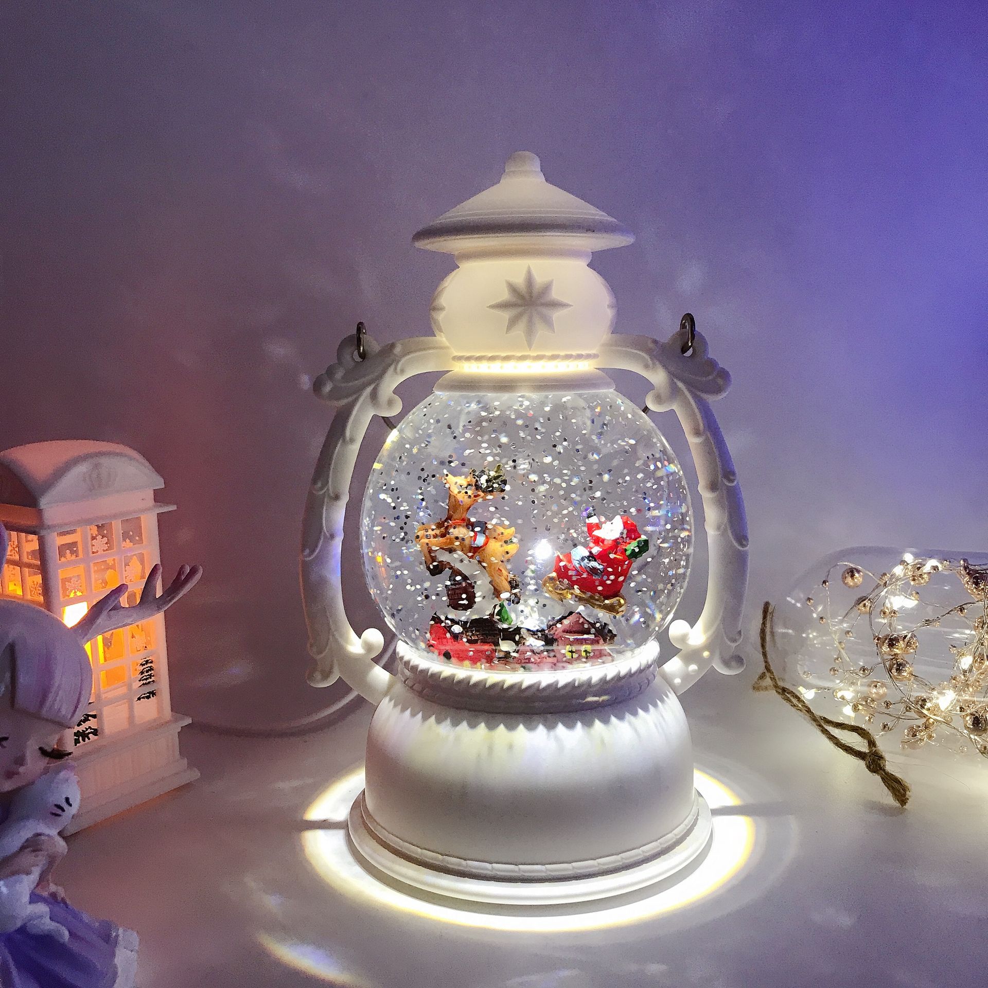 圣诞装饰品 圣诞马灯摆件注水音乐盒飘雪老人雪人八音盒透明半圆球礼物送孩子白框