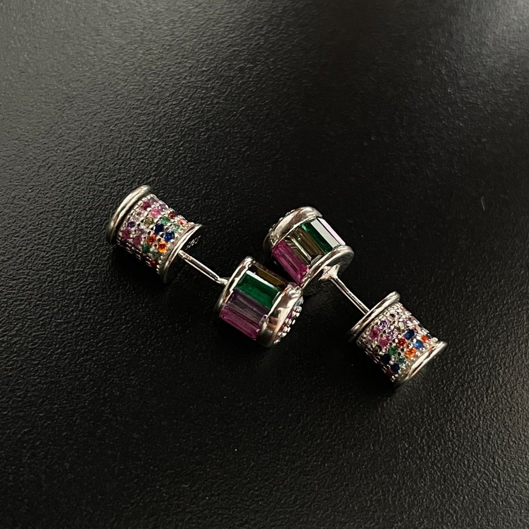 Rainbow zirconium geometric barbell scepter earrings, women's stud earrings, niche design sense, light luxury and high-end details Picture