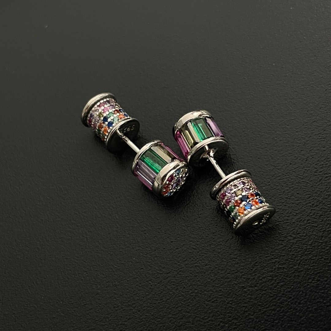 Rainbow zirconium geometric barbell scepter earrings, women's stud earrings, niche design sense, light luxury and high-end