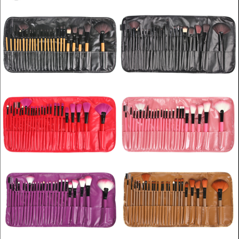 Shenglian Ball 24-piece makeup brush set, brown/natural wood color/pink PU bag, loose powder brush, eyeshadow brush set, makeup tools, makeup brushes