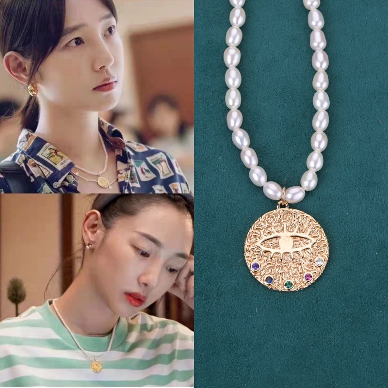 希腊Hermina Athens白百何同款恶魔之眼 天然真珍珠项链 14k注金天然珍珠恶魔之眼手作图